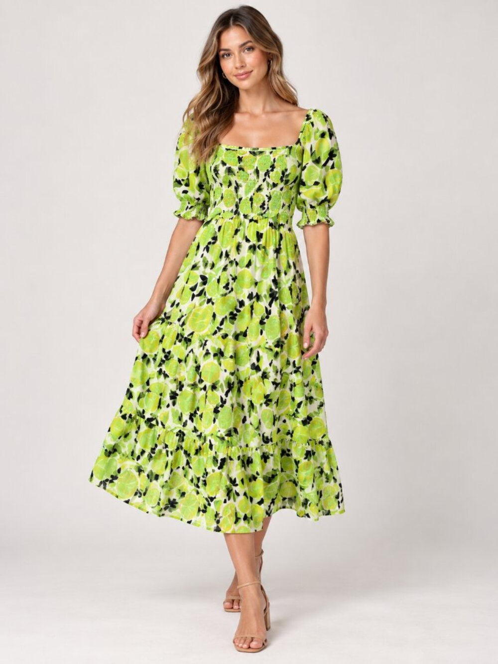 Steve Madden Women's S Green Floral Smocked Midi Dress Cottagecore Resort Bright